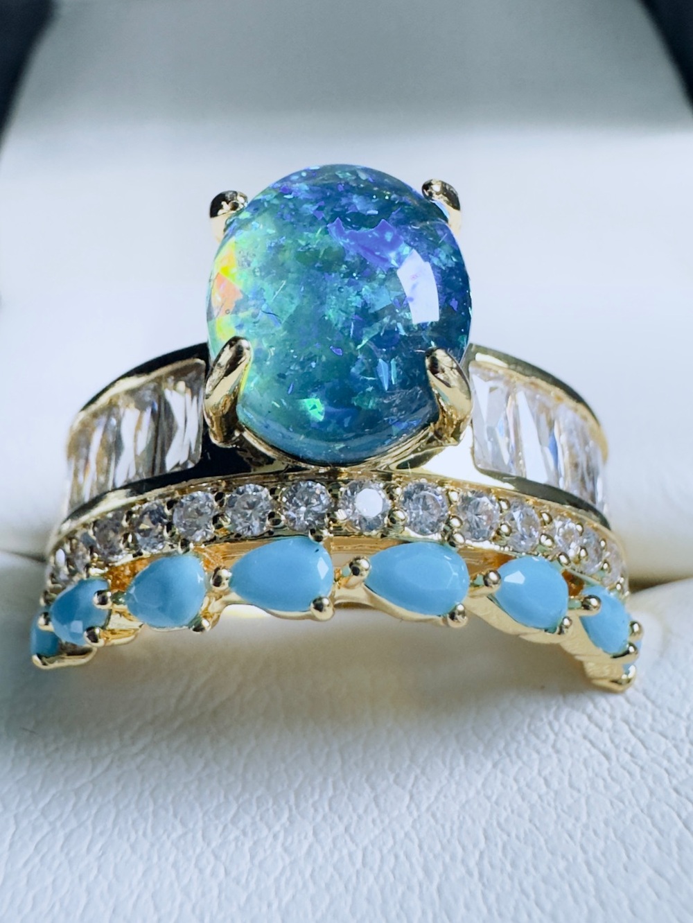 Gold Ring Set with Blue Opal and Turquoise Accents